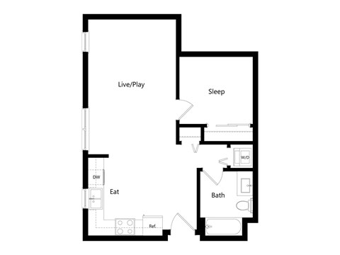 A floor plan of a house with a sleeping area, a bathroom, and a living/play area.
